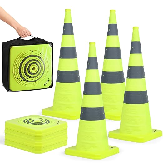 BATTIFE [4 Pack] 36 Inch Collapsible Traffic Cones, Lime Green Safety Cones, Pop-up Cones with Reflective Collar, for Driving Practice,Road Parking (Green)