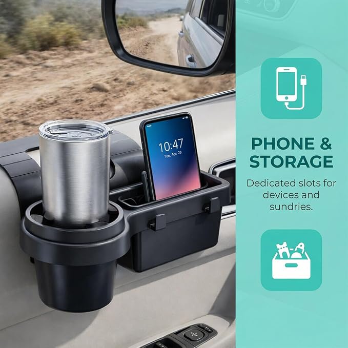 Car Window Organizer, Vehicle Side Door Storage Rack with 2.79 Inch Water Cup Phone Holder & Charging Port, Multifunctional Automotive Interior Organizer Accessories, Universal Fit