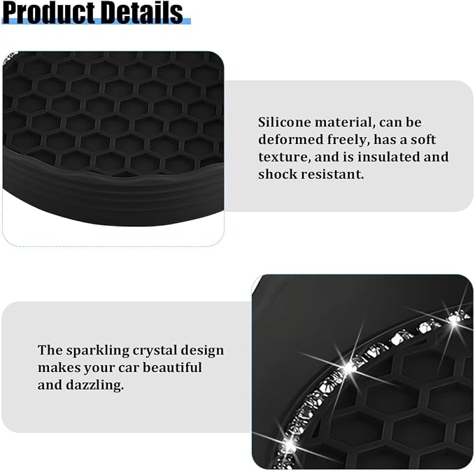 HZEL 4PCS Bling Car Cup Holder Coaster, Shiny Crystal Rhinestone Silicone Dustproof Drink Cup Insert Pad, Dazzling Automotive Interior Water Bottle Holder Embedded Mat, Universal Fit (Black)