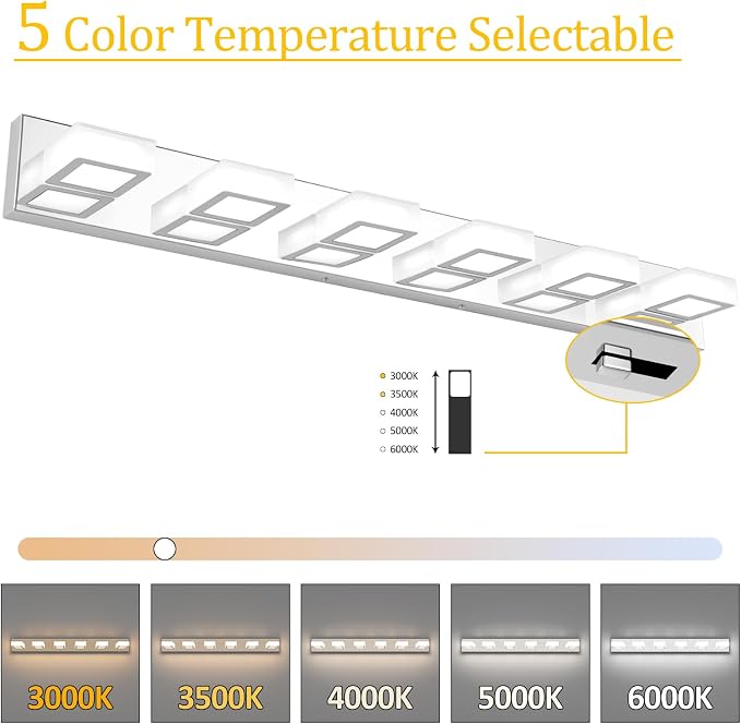 Ralbay Modern Chrome Bathroom Vanity Lights 5 Color Temperature Dimmable Acrylic Modern LED Bathroom Vanity Lighting Fixtures Chrome 40.4inch