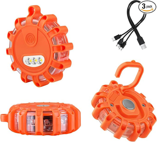 AK LED Road Flares Rechargeable Safety Flashing Warning Light Roadside Emergency Disc Beacon Kit for Vehicles Boats with Magnetic Base & Hook, Storage Bag and One 3-in-1 USB Charging Cables (3 Pack)