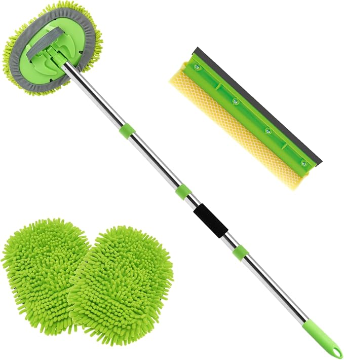 62" Car Wash Brush Kit Mitt Mop Sponge with Long Handle, Chenille Microfiber Car Cleaning Brush Kit, Windshield Window Squeegee, Car Care Kit of Scratch-Free Replacement for Cleaning Car, RV, Truck