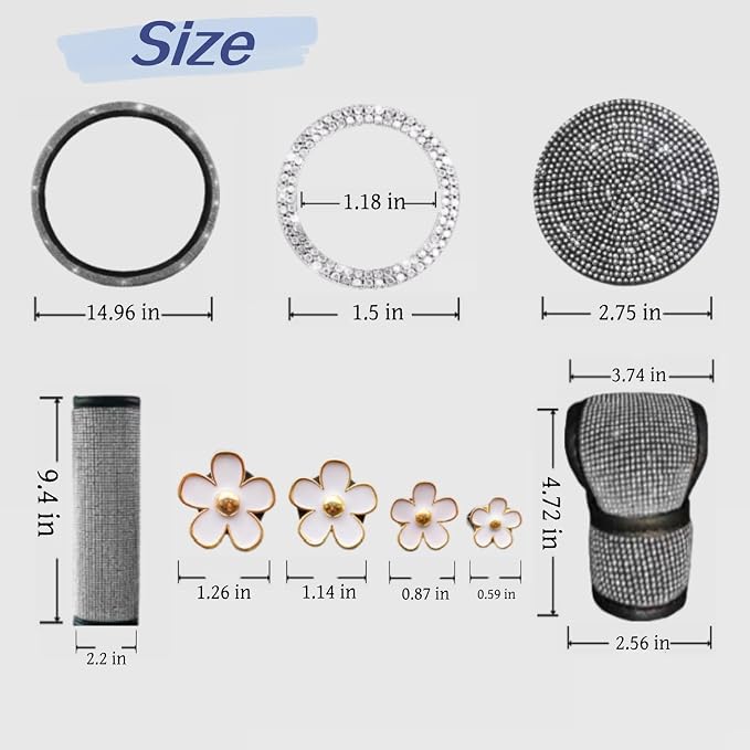 11 pcs Bling Car Accessories Set for Women,Steering Wheel Cover,Sparkly Seat Belt Covers,Daisy Vent Clips,Bling Shift Cover,Car Cup Holder Coaster,Universal Fit Most Cars (Blue Diamond)