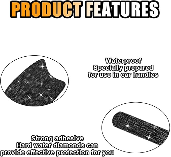 JOYCOURT 10PCS Bling Car Door Handle Anti-Scratch Sticker, Black | Universal Car Door Handle Cup Protective Cover, Adhesive Door Bowl Sticker, Shiny Rhinestone Auto Decor Accessories for Women