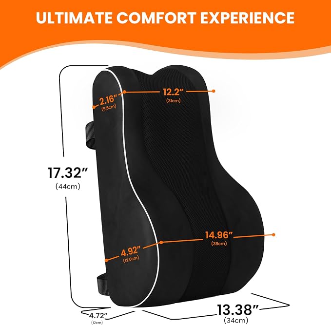CloudBliss Ergonomic Lumbar Support Pillow – Memory Foam for Lower Back Pain Relief, Adjustable Straps & Mesh Cover for Office, Gaming, Car Seat & Home Essentials (Medium, Black)