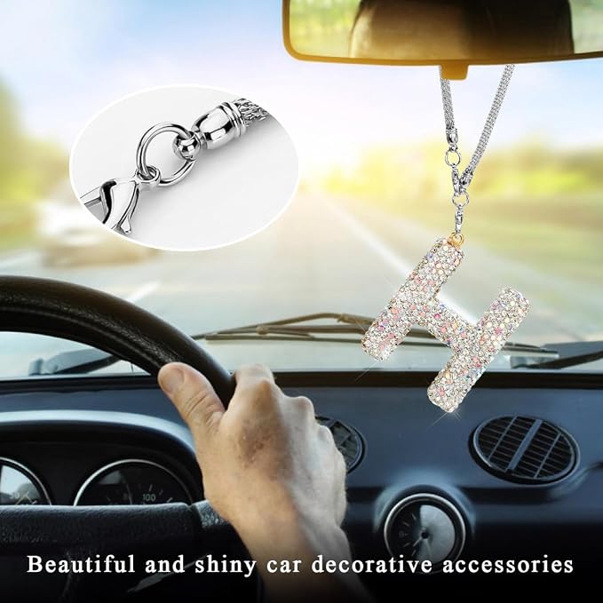 DXNQ Bling Initial Car Rear View Mirror Ornament, Crystal Sparkling Cute Letter Charm Pendant Auto Decor, Hanging Lucky Diamond Initial Charm Car Mirror Bag Ornament for Girl Women (Letter H)