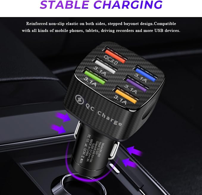 Wevdn Car Charger Adapter, 6 USB Multi Port Fast Charging Cigarette Lighter Charger Adapter, Car Fast Charger Include QC 3.0 and 5 Other Ports for Most Cell Phones, Car Accessories (Black)