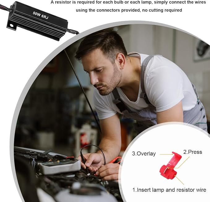 2PCS 50W 6Ohm LED Load Resistors, Automotive LED Turn Signal Resistor Flasher Adaptor with Wire Clips, Vehicle Replacement Resistors for Fixing Hyper Flash Warning Cancellor (Black)