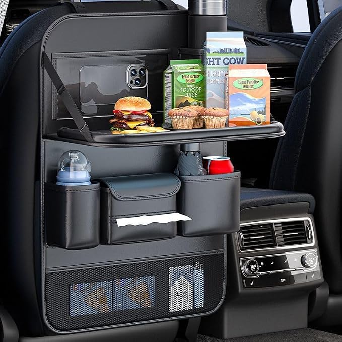 2 Pack Leather Car Seat Back Organizer with Foldable Tray Table, Backseat Car Organizer with Tablet Pocket, Cup Holders, Tissue Pocket, Mesh Pockets, Kick Mat, Black