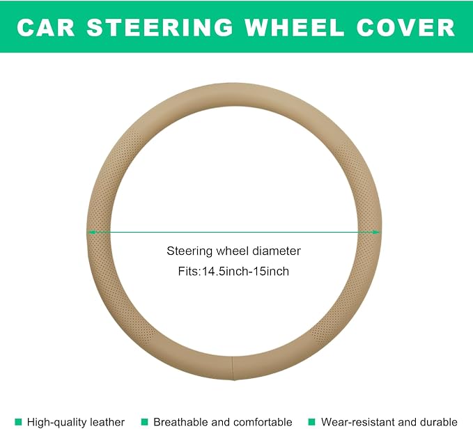Car Steering Wheel Cover, 15" Breathable Leather Auto Wheel Protector with Comfortable Grip, Non-Slip Perforated Steering Wheel Protective Cover for SUV Truck Sedan Van (Beige)