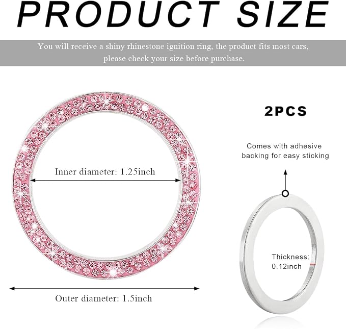 2 PCS Car Bling Crystal Rhinestone Engine Start Ring Decals, Sparkling Diamond Car Push Start Button Ignition Ring Sticker, Auto Key Ignition Knob Ring Decoration for Women Girls (Pink)
