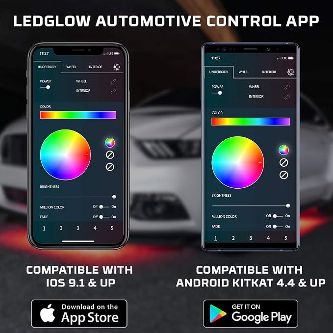 LEDGlow Bluetooth 4pc Million Color LED Car Underglow Lighting Kit | Underbody Neon Accent Lights Include Smartphone App, Color Wheel, Modes, Courtesy Lights & More
