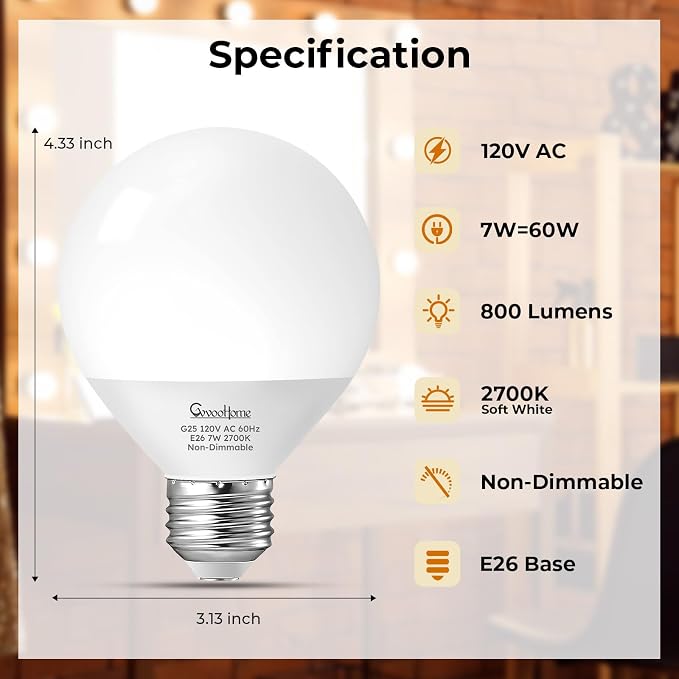 GvvooHome Vanity Light Bulbs for Bathroom, G25 LED Globe Light Bulbs for Makeup Mirror Dressing Room, 60W Equivalent, 2700K Soft White, 800LM, E26 Base, Non-Dimmable, 6-Pack
