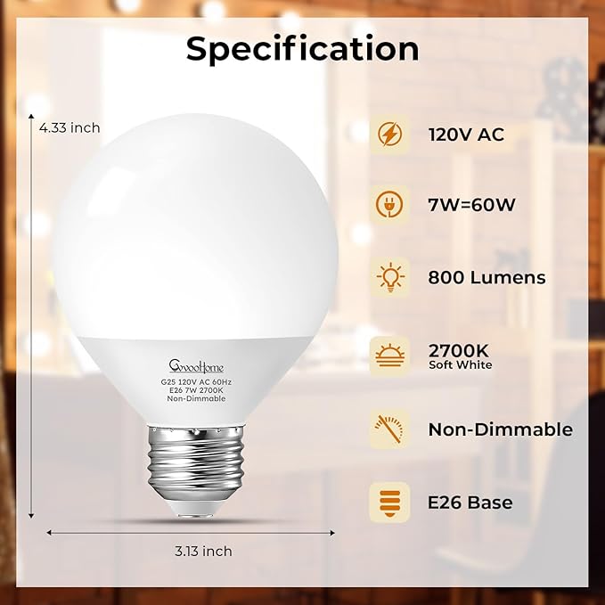 GvvooHome Vanity Light Bulbs for Bathroom, G25 LED Globe Light Bulbs for Makeup Mirror Dressing Room, 60W Equivalent, 2700K Soft White, 800LM, E26 Base, Non-Dimmable, 4-Pack