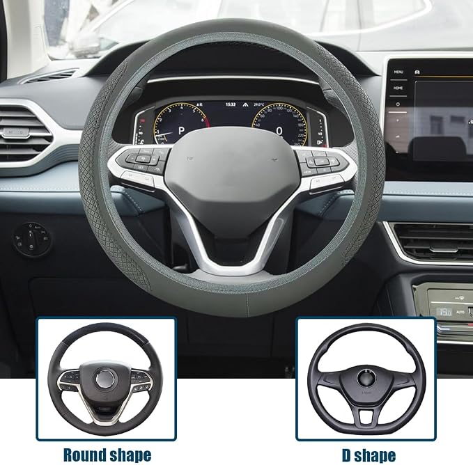 Car Steering Wheel Cover, Universal 14.5-15 Inch Grey Leather Steering Wheel Wrap with Better Sport Grip for Men Women, Anti-Slip Breathable Car Interior Accessories for Most Vehicles (Grey2)