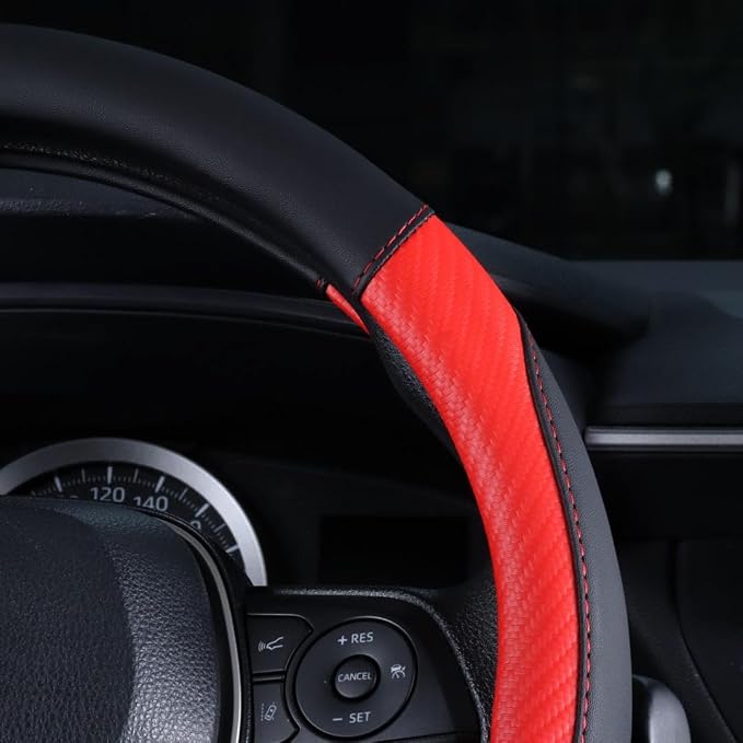 Steering Wheel Cover Red- Premium Perforated Carbon Fiber Leather Sport Wrap with Odorless Rubber Non-Slip Inner, Universal Fit for Cars Trucks SUVS - 15 Inch (Red)