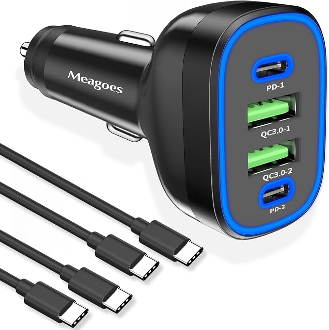 90W 4 Port USB C Super Fast Car Charger for iPhone 17 Pro Max/Android Phone | for iPhone 17/16/15/Samsung Galaxy S26/S25 etc. Dual 45W USBC& 22.5W USB Port, 2*3.3ft Type C Cable, Road Trip Essentials
