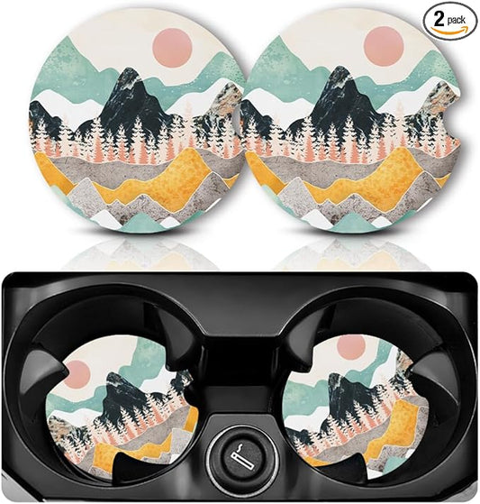 Yonlevres Car Coasters for Cup Holders，2.75" Anti Slip Rubber Mat with A Finger Notch, 2 Pack Car Cup Holder Coasters for Car Interior Accessories for Women Men Boho Abstract Mountain