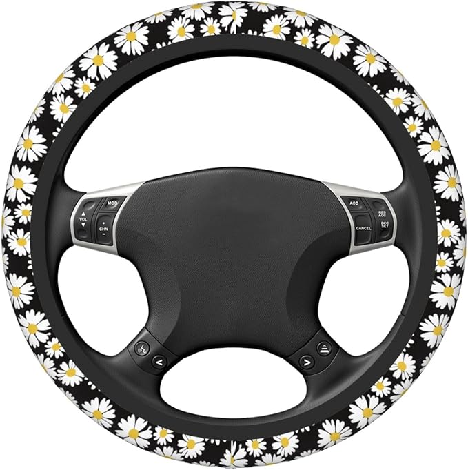 White Daisy Neoprene Steering Wheel Cover for Men Women Anti-Slip Elastic Steering Wheel Protective Cover 15in Universal Car Accessories Fit Cars, SUVs, Auto