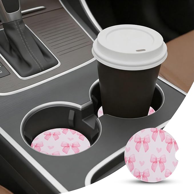 2 Pack Bow Car Coasters for Women Car Cup Holder Coasters, 2.63 Inch Anti Slip Ceramic Absorbent Coaster with Cork Base and Finger Notch, Cute Car Accessories Interior