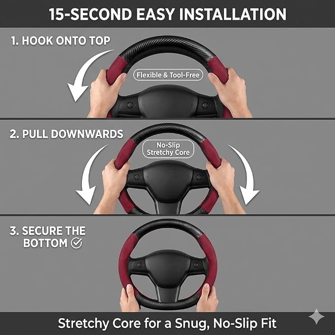 Steering Wheel Cover, Faux Leather, Universal 14.5-15 Inch, Non-Slip, Breathable Slim Fit, for Cars, SUVs, Trucks (Red Black)