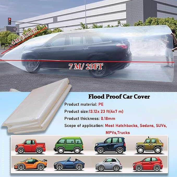 Universal Plastic Car Cover, Fully Enclosed Sealed Car Flood Cover, 13x23 ft Universal Plastic Car Cover, Reusable PE Material