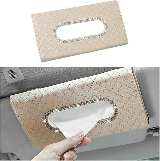 Bling Car Visor Tissue Holder, Crystal Rhinestones Vehicle Sun Visor Hanging Napkin Organizer Case with Ergonomic Take Out Port, Automotive Interior Tissue Dispenser, Universal Fit (Beige)