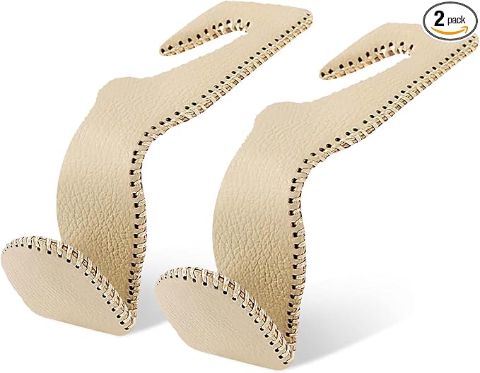 Car Purse and Coat Hanger - 2Pack Beige Leather Hooks for Hanging Purses, Bags and Coats