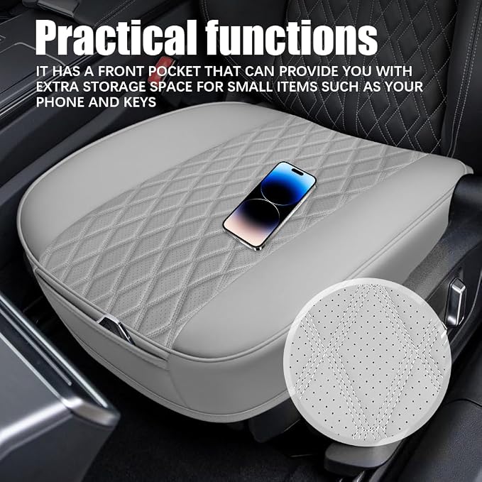 Leather Front Car Seat Cover, Anti-Slip Car Seat Bottom Covers, Full Wrapped Bottom Seat Protectors with Storage Pocket, Universal Comfortable Seat Cushion Fit Vehicles SUVs Trucks (Gray)
