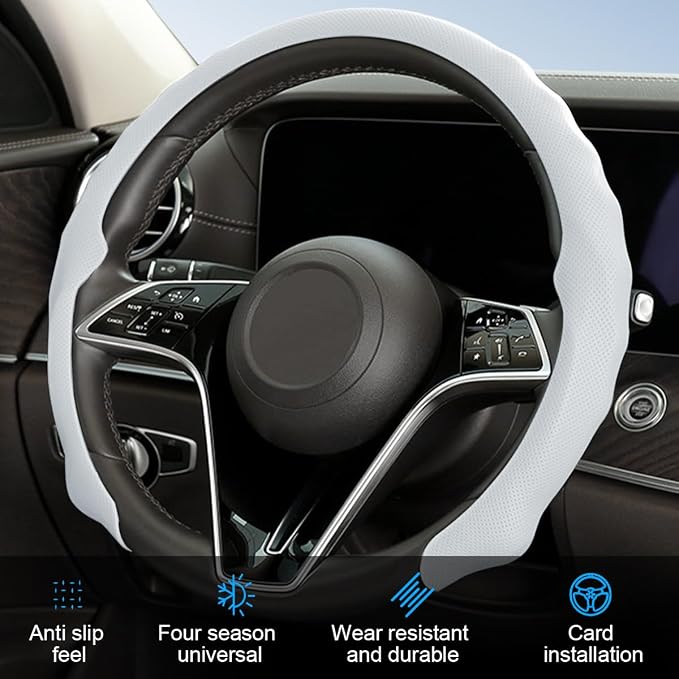 Car Steering Wheel Cover, 15 inch Nappa Leather Anti-Slip & Ultra-Thin 5D Vehicle Steering Wheel Protector, Breathable Automotive Interior Accessories, Universal Fit (White)