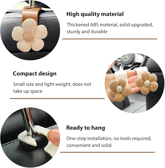 4 PCS Car Seat Headrest Hooks, Cute Flower Car Seat Back Organizer Bag Holder Hooks, Automotive Seat Hook Hanger Storage Organizer for Purse Cloth Grocery Bags, Car Accessories (White+Brown)