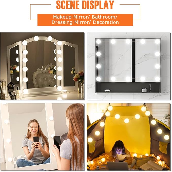 LED Vanity Mirror Lights, Hollywood Style LED Vanity Bulbs 3 Color Dimmable Makeup Light, Vanity Lights 3000K Warm 4000K Nature 6500K Daylight White Portable Light for Bathroom Dressing Room