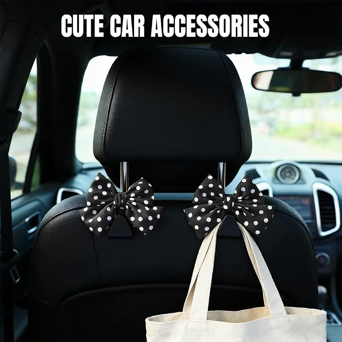 2PCS Car Seat Headrest Hooks, Car Purse Hook, Cute Bow Knot Vehicle Seatback Hanging Storage Organizer, Auto Seatback Decor Organizer Hanger for SUV Truck (Black/Polka Dot)