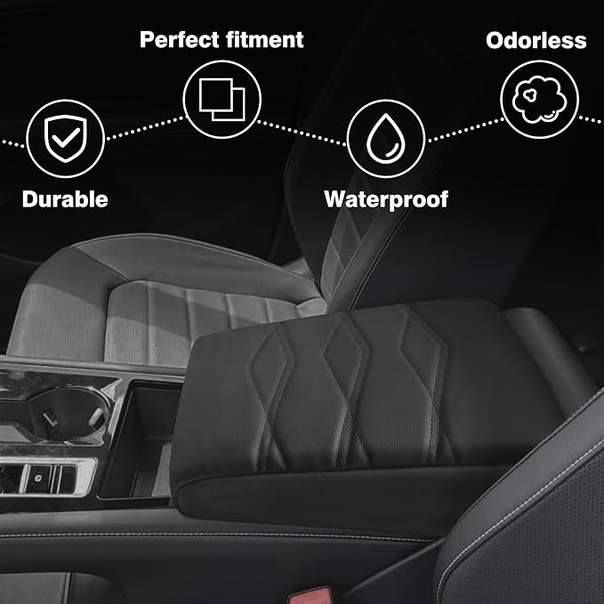 Muslogy Center Console Armrest Cover Fit for Volkswagen Atlas & Cross Sport 2024-2026 Accessories, Comfort Armrest Pad Console Lid Cushion Vegan Leather 1-Inch Extra Thick
