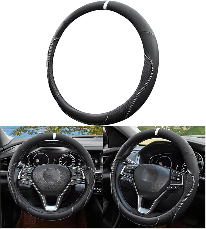 Mandark Car Steering Wheel Cover, 15 Inchs Microfiber Leather Non-Slip Vehicle Steering Wheel Protector, Breathable Auto Interior Protection Accessories, Universal for SUV Sedan Truck (Black/White)