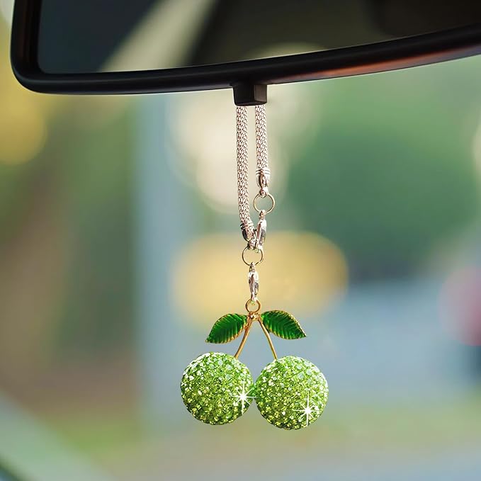 Bling Cherry Car Hanging Ornament, Cute Crystal Rear View Mirror Pendant, Sparkly Diamond Rearview Mirror Charms, Lucky Car Interior Decor Accessories (Green)