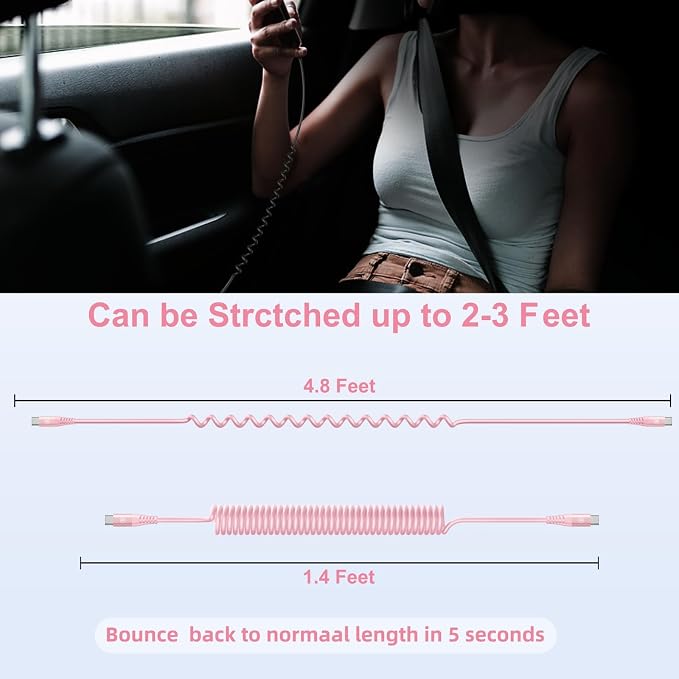 USB C to C Cable 3FT for Car, Coiled USB C Fast Charging Cable iPhone USB-C | Cable 2Pack for CarPlay/Android Auto USB C Cord, USB Type C Cable for iPhone 17/16/15/Samsung Galaxy S23 and More-Pink
