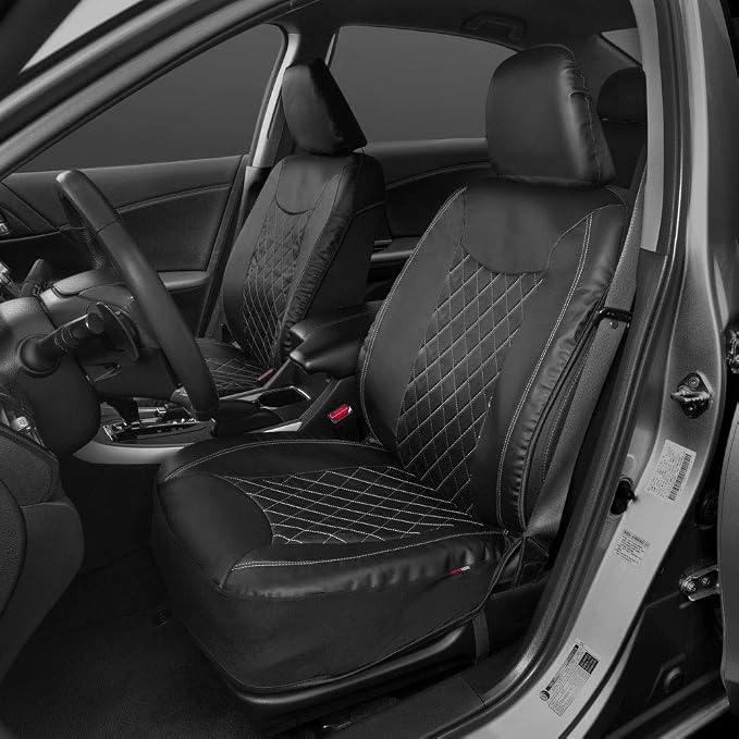 Motor Trend Black Stitched Faux Leather Car Seat Covers – Premium Automotive Bucket Front Seat Covers, Made for Vehicles with Removable Headrests, Fits Most Car Truck SUV