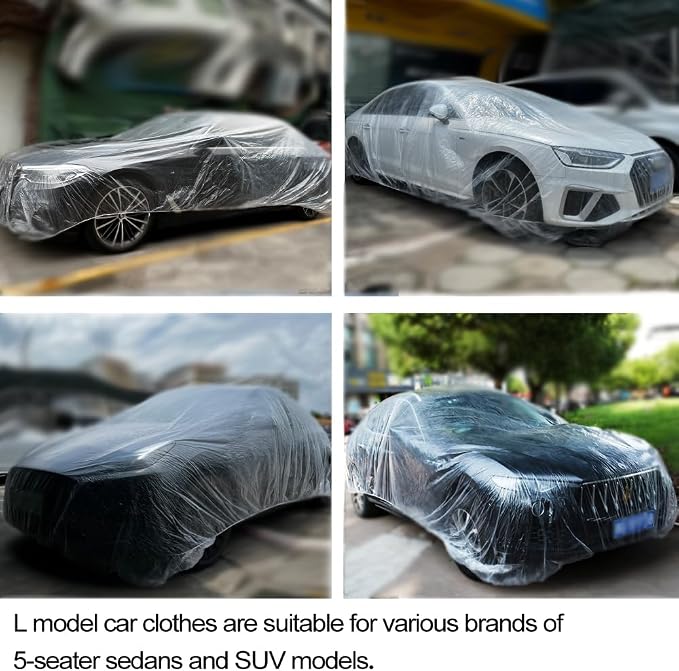 4 Packs Disposable Car Cover Clear Plastic Car Cover Universal Rain Dust Garage Cover with Elastic Band Medium (12.4 FT x 21.6 FT)