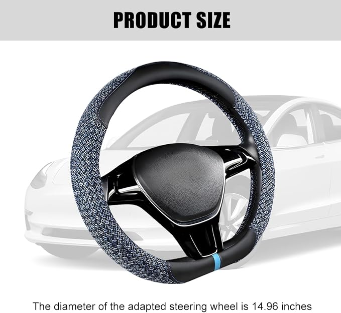 Zpana Car Steering Wheel Cover, 14.5-15" Breathable Linen Sporty Vehicle Steering Wheel Protector with Non-Slip Lining, Automotive Interior Decoration Accessories, Universal Fit (Black/Blue)