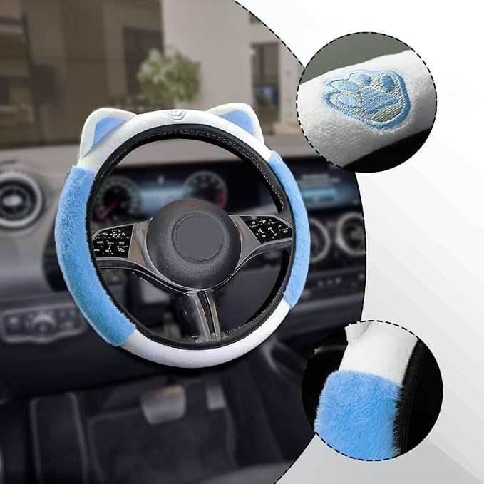 Car Steering Wheel Cover, 15 Inch Fluffy Soft Plush Auto Protector, Anti-Slip Elastic Lovely Car Cover Accessories with Kitty Cat Ears Universal for Most Vehicles (Fluffy-White+Blue)