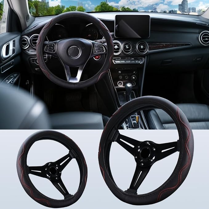 Elastic Steering Wheel Cover Black and Red Universal 14-15 inch | Leather Car Steering Wheel Covers Stretch Microfiber Breathable Anti-Slip Car Accessories Fit for Suvs, Vans, Trucks