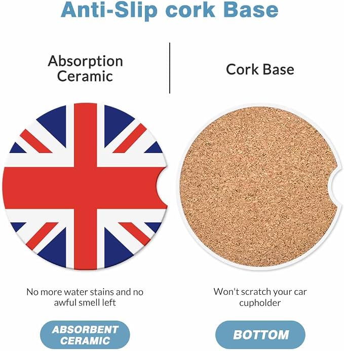 United Kingdom UK Flag Car Cup Holder Coaster 2 Pack Absorbent Ceramic Car Coasters for Cup Holders Car Accessories Interior for Women Men Universal Anti Slip Cork Base Cup Coasters with Finger Notch