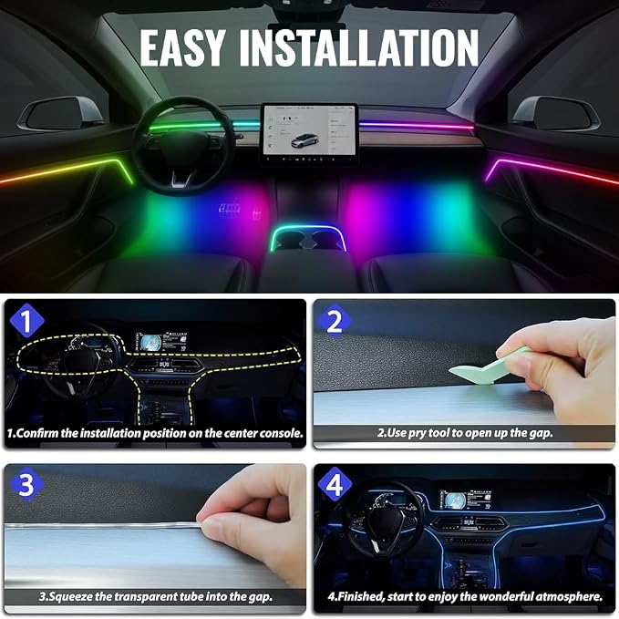 Acrylic Car Led Lights Interior with APP,Universal RGB Acrylic Ambient Lighting Car Kit,175 inch Neon Flexible Fiber Optic Led Strip Music Sync Lights for Car,6 in 1 USB Power Dashboard Decorations