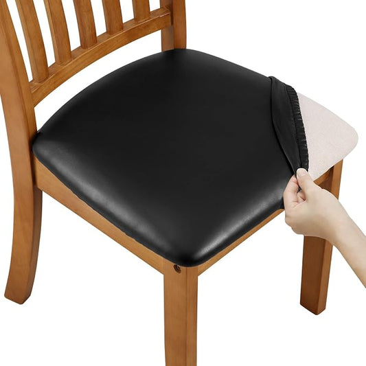 Fuloon Dining Chair Seat Covers 6 PCS, Solid Pu Leather Waterproof Seat Cushion Cover Oilproof Stretch Dining Chair Protctor Slipcover (Pu Dark Black)