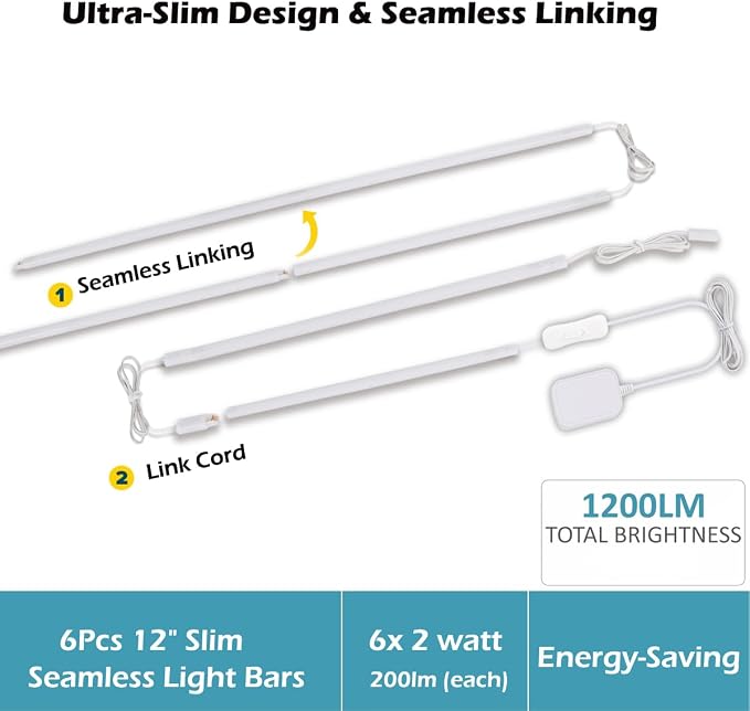 Cefrank LED Under Cabinet Lighting 6-Pack 12 inch Seamlessly Linkable Strip Light Bars for Cabinet, Kitchen, Shelf, Workbench, Cupboard, 1200 Lumen, Warm White 3000K