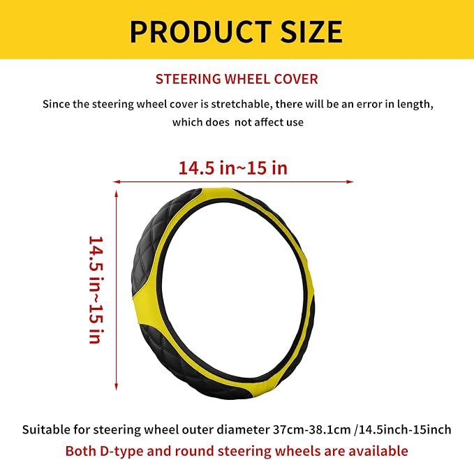15 Inch Leather Steering Wheel Cover, Automotive Accessories Breathable Anti-Slip Elastic Soft Wheel Protector, Fit for Most SUVs Trucks and RVs (Yellow)