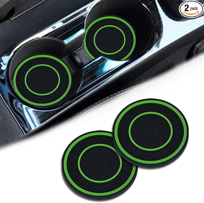 2 Pack Car Coasters for Cup Holder, 2.75 Inch Universal Auto Waterproof Coasters Silicon Insulation Cup Mats,No-Slip Anti Dust Insert Coaster for Woman Man, Suit for Vehicle Interior (2, Green)