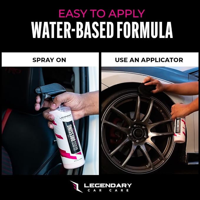 Legendary Gloss Dressing 16oz - Tire Shine Spray & Plastic Restorer – Water Based Tire Shine & Non-Greasy Interior/Exterior Detailing Spray - Trim, Rubber, Vinyl & Plastic Restorer for Cars