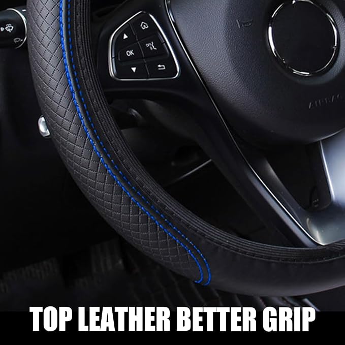 Car Steering Wheel Cover, Universal 14.5-15 Inch Black Leather Steering Wheel Wrap with Better Sport Grip for Men Women, Anti-Slip Breathable Car Interior Accessories for Most Vehicles (Black blue2)